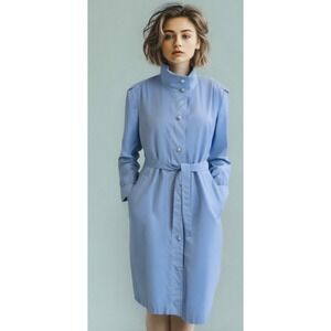 Vintage 70s -80s J Gallery Trench Coat Belt Button Back Pleats Blue Size Large